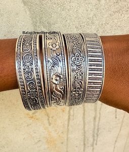 Set of 4 Bangle, 925 Sterling Silver, Handmade Woman Jewellery, Flower Design Bangle, Bohemian Bangle, Gift For Mom, Heavy Bangle Love Gift