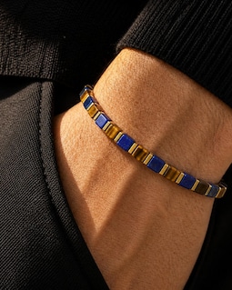 Tiger Eye Bracelet, Lapis Lazuli, 4mm Square Beads, Gold-Plated Hematite, Adjustable Gift for Him